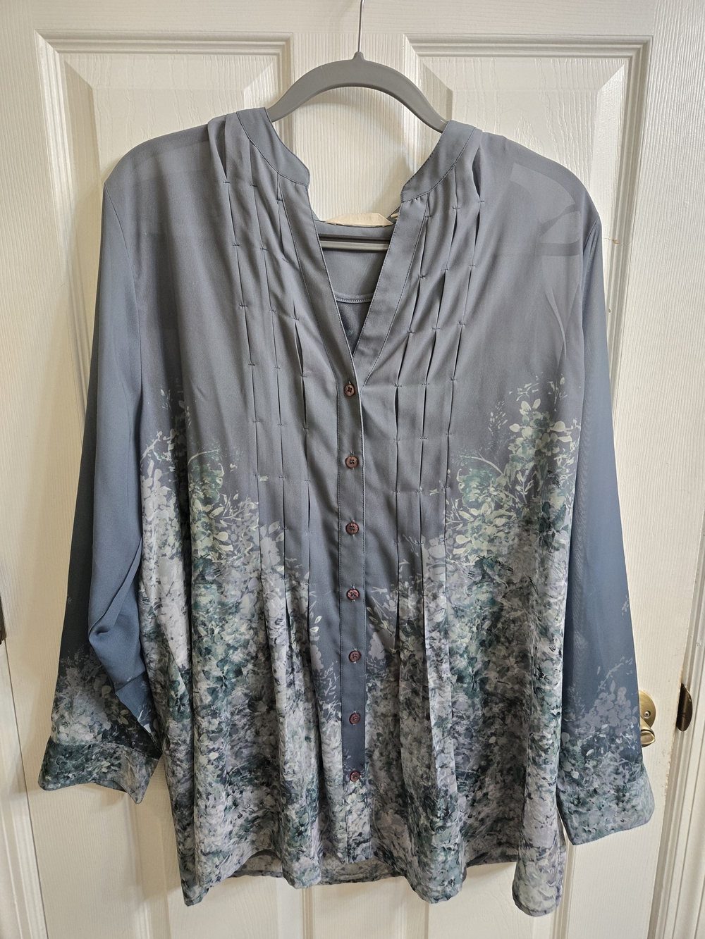 Soft Surroundings Slate Gray Floral Pintuck Button Blouse